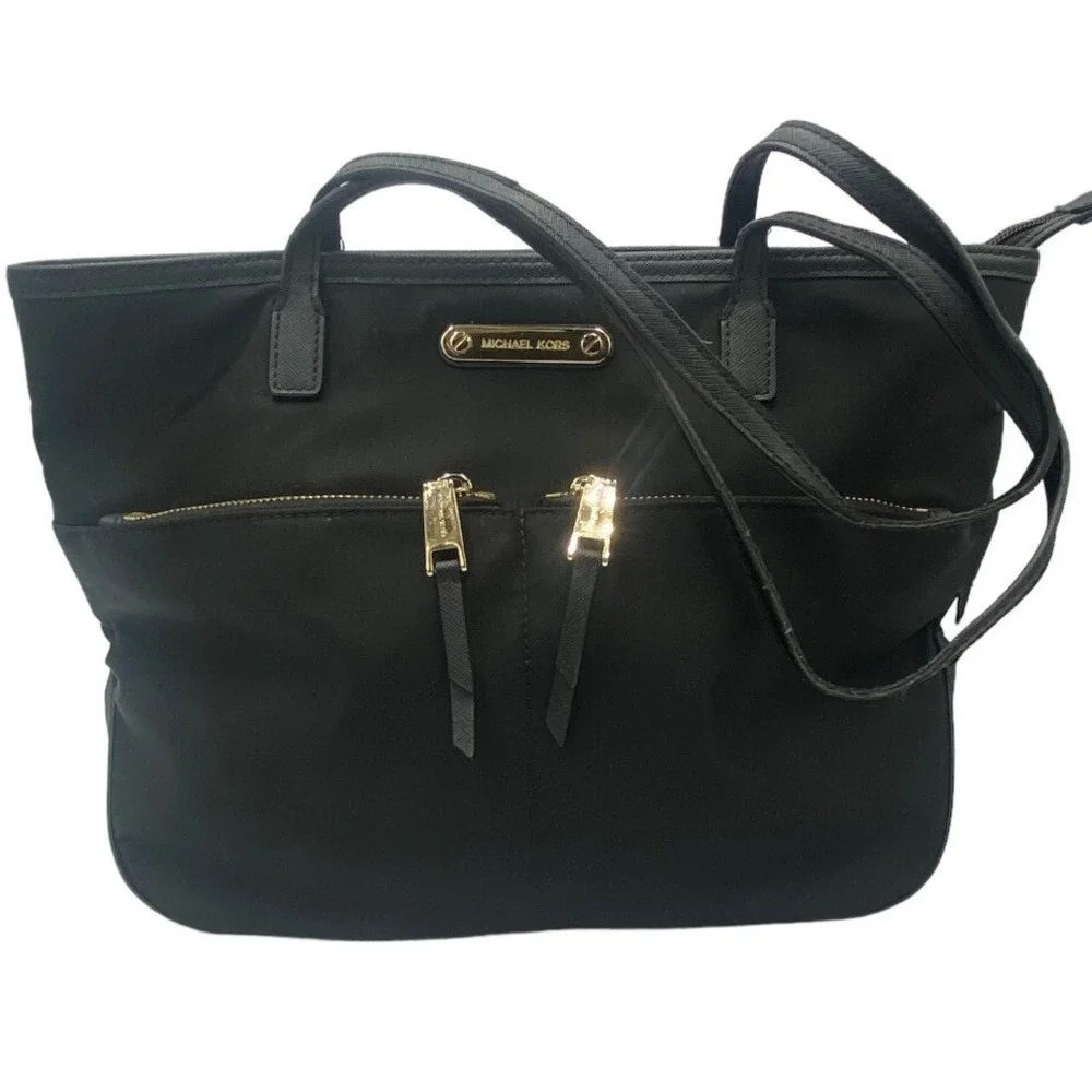 Michael Kors Kempton Medium Pocket Tote‎ Bag black leather nylon zip gold